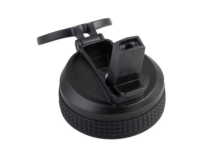 A drink bottle spout lid in black, featuring a flip-top design and textured grip for easy handling.
