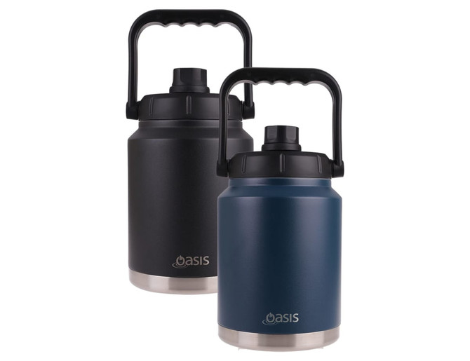 A drink bottle featuring a vacuum-insulated design, available in black and navy blue, with a carry handle and lid.