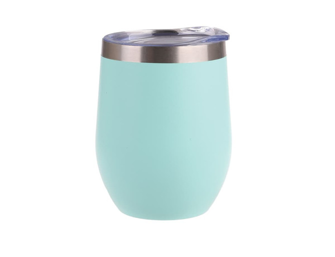 A drink bottle in mint green with a stainless steel rim and a clear lid. It features a logo.