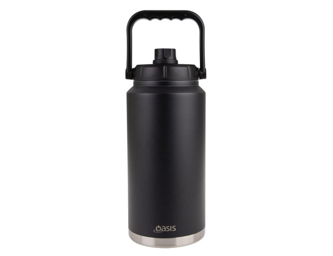 A drink bottle with a black exterior and stainless steel base, featuring a carry handle and a black lid.