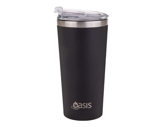 A drink bottle featuring a sleek black design with a stainless steel rim and a clear lid, includes a logo.