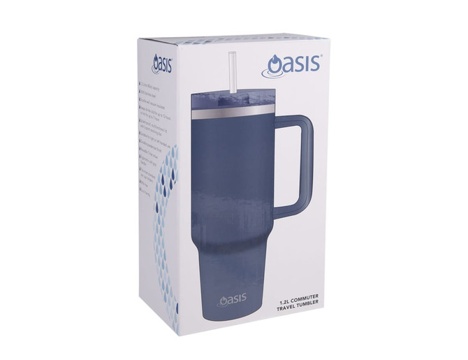 A drink bottle featuring a navy blue design, a handle, and a straw lid, inside a cardboard box with a logo.
