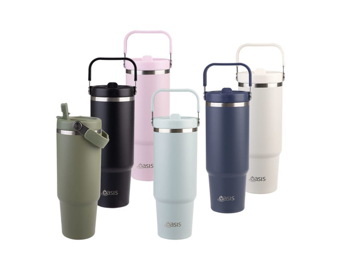 A drink bottle collection featuring six vacuum carry tumblers in green, pink, navy, white, and light blue, with a logo.