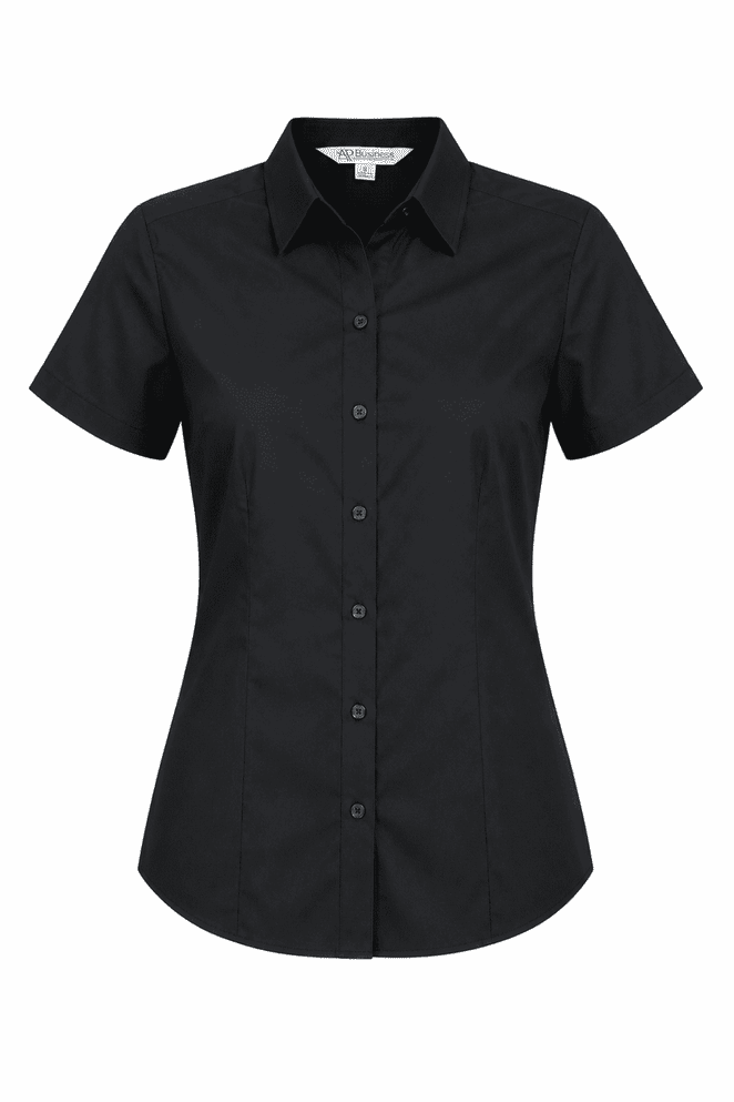 A black button-up shirt with short sleeves, featuring a fitted design and a collar. It has a logo on it.