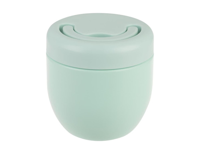 A drink bottle in soft mint green with a lid and a sleek, rounded design. It features a branding logo.