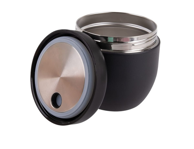 A black vacuum food pod with a stainless steel interior and a grey silicone seal, featuring a lid.