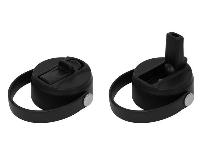 A drink bottle lid set featuring two black lids, each with a rubber strap and a spout design.