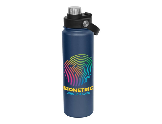A drink bottle in navy blue with a screw cap and a branding logo featuring a colourful fingerprint design.