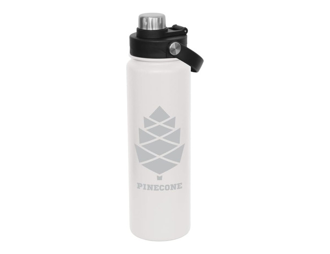 A drink bottle in white with a black screw cap and a logo featuring a pinecone design. 