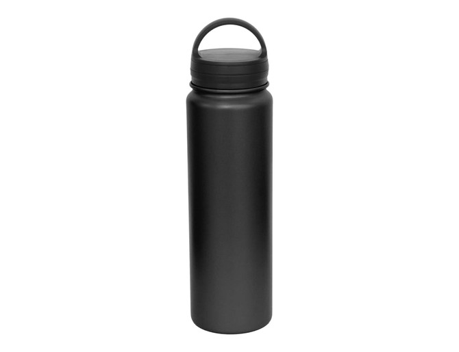 A drink bottle in matte black with a vacuum seal lid and a convenient carry handle. Features a logo.