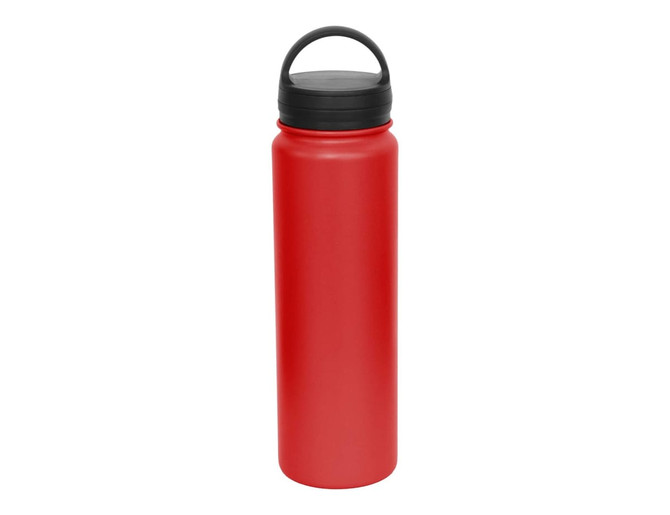 A drink bottle featuring a solid red body and a black carry lid, with a handle for easy transport.
