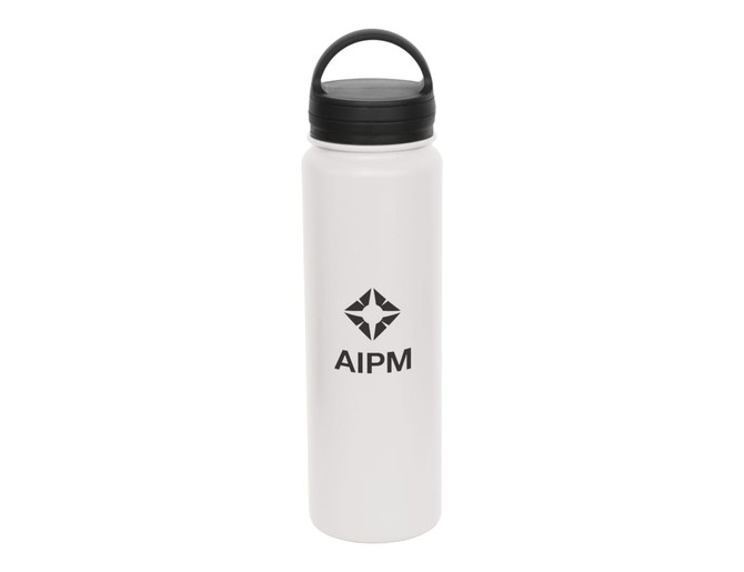A drink bottle in white with a black carry lid and a logo on the front.