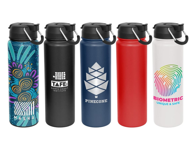 A drink bottle collection featuring a vibrant design, black, red, and white options, all with lids and logos.