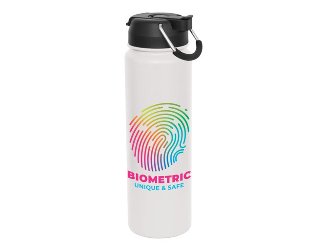 A drink bottle with a white body, black lid, and a multicoloured fingerprint design. It features a logo.