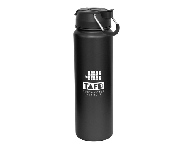 A drink bottle in matte black with a screw lid and a carrying handle. It features a logo on the front.