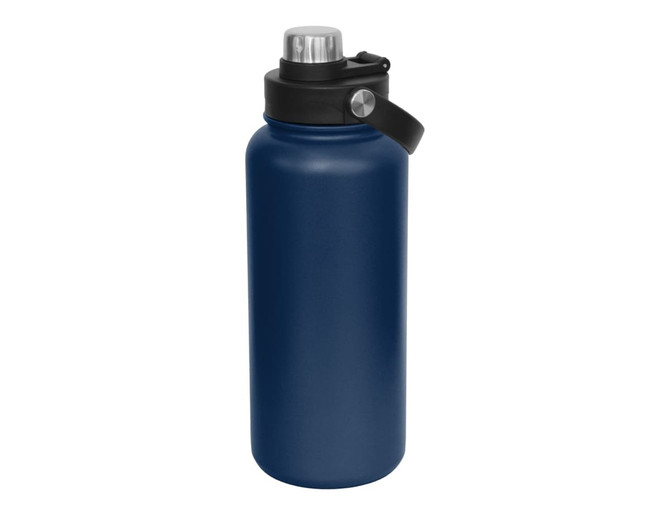 A drink bottle in navy blue with a stainless steel screw cap and a black handle, featuring a logo.