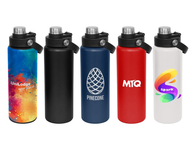 A drink bottle collection featuring a vibrant gradient, black, blue, red, and white bottles, each with a screw cap and logo.