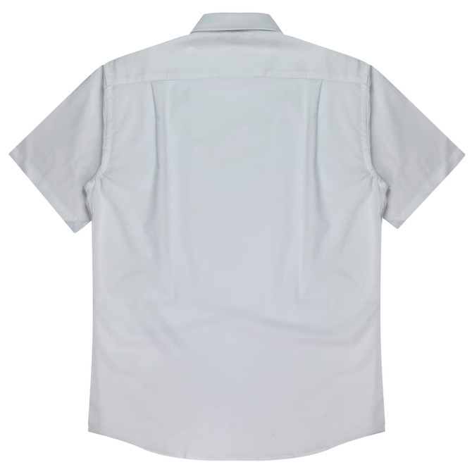 A short-sleeve button-up shirt in a light grey colour with a back view showcasing its design and features.