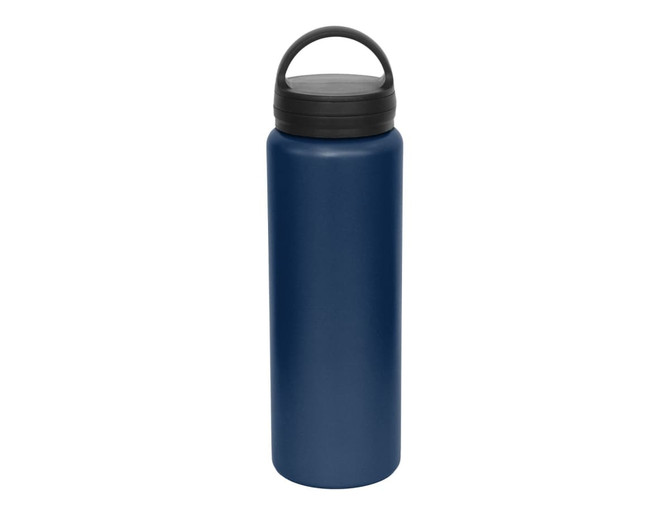 A drink bottle in navy blue with a black carry lid, featuring a handle for easy transport.