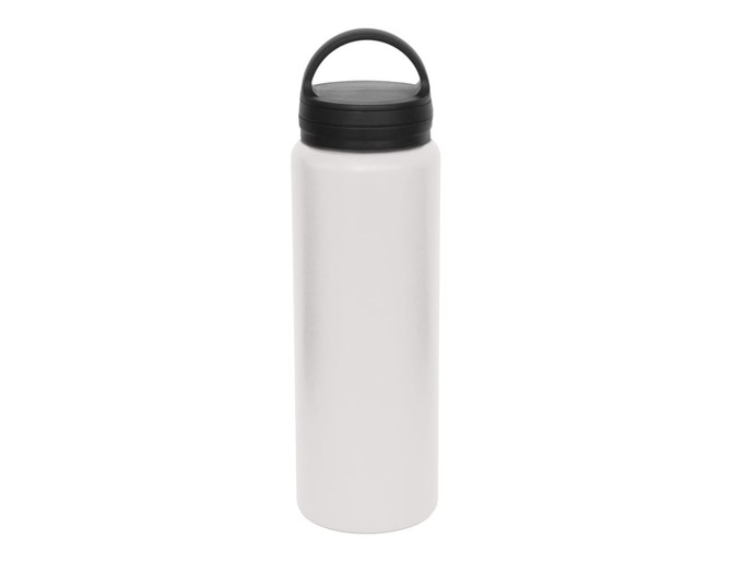 A drink bottle in a sleek white finish with a black lid and handle; features a logo on the surface.