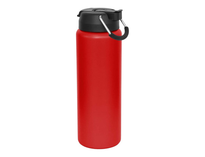 A drink bottle in vibrant red with a black lid and a handle. It features a logo on the side.