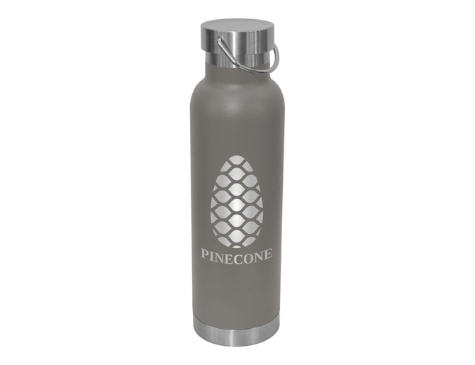 A drink bottle made of stainless steel in grey with a pinecone design and a carry lid.