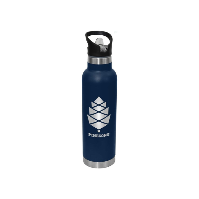 A drink bottle in navy blue with a stainless steel bottom and an attached black spout lid. It features a logo.