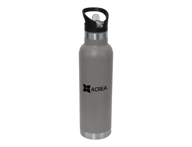 A drink bottle in grey with a stainless steel base and a black sipper spout, featuring a logo.