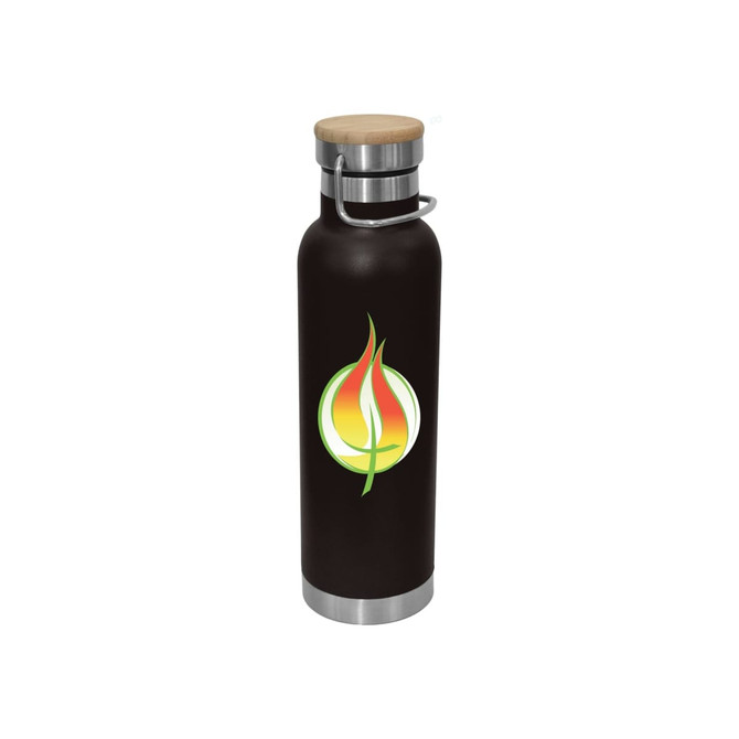 A drink bottle with a black finish, bamboo lid, and a logo featuring a flame motif.