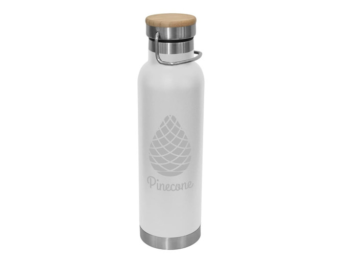 A drink bottle in white with a bamboo lid and stainless steel base, featuring a leaf design and logo.