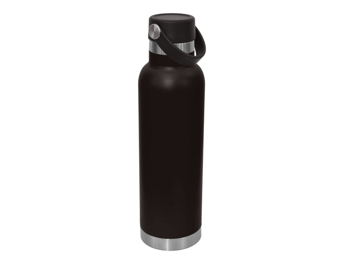 A drink bottle in black with a stainless steel base and carry lid. It features a sturdy handle and a logo.