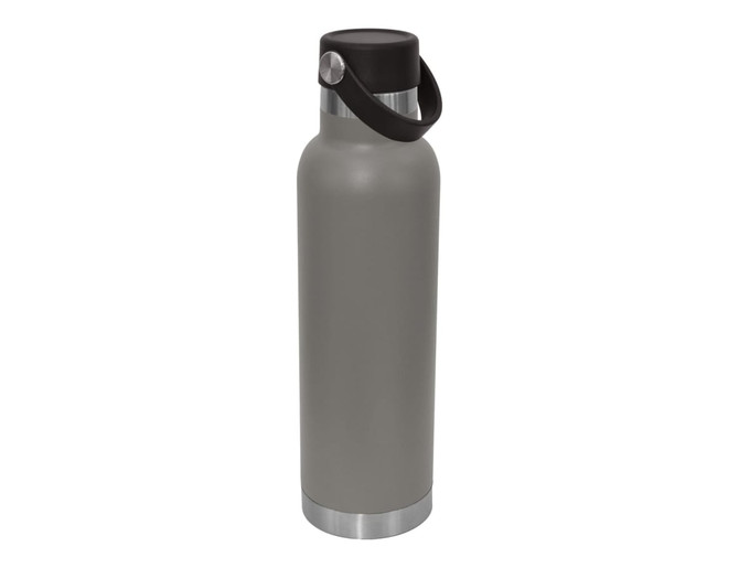 A drink bottle in grey with a black lid and a metal base, featuring a handle and branding.