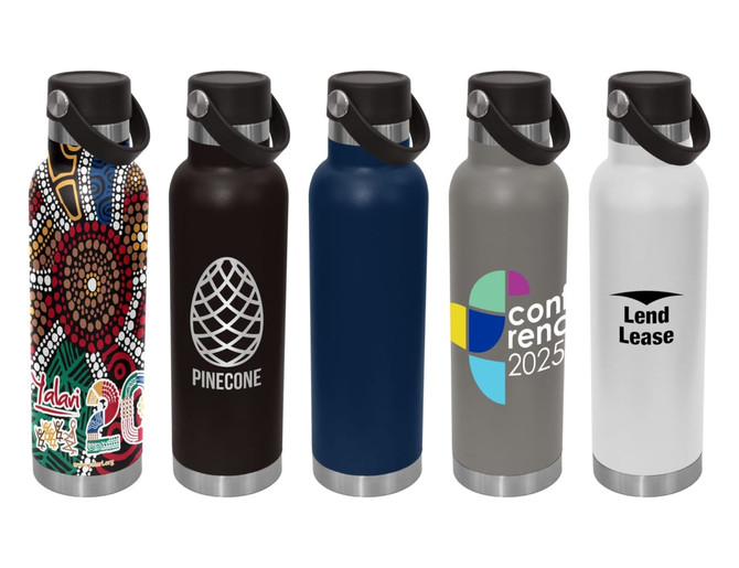 A drink bottle collection featuring various designs, including black, blue, grey, and white finishes, with multiple logos.