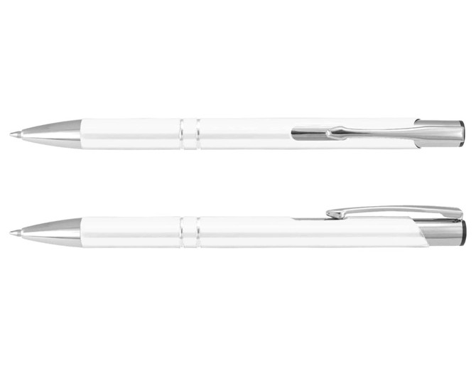 A metal pen in white with silver accents and a clip, featuring a sleek design and a logo.