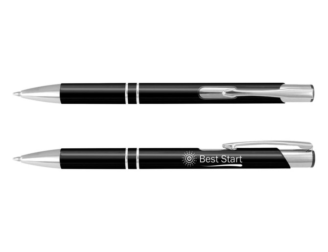 A metal pen in black with silver accents and a branding logo, featuring a sleek design.