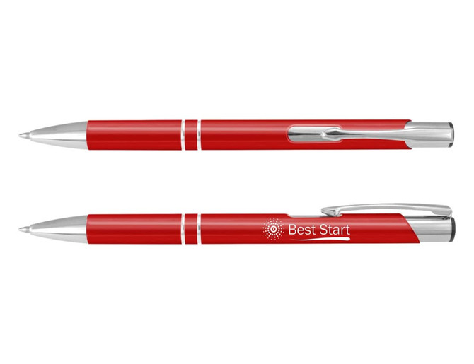 A set of red metal pens with silver accents, featuring a branding logo on one pen.