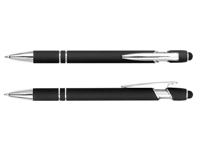 A black stylus pen with a sleek design and chrome accents, featuring a clip and a stylus tip.