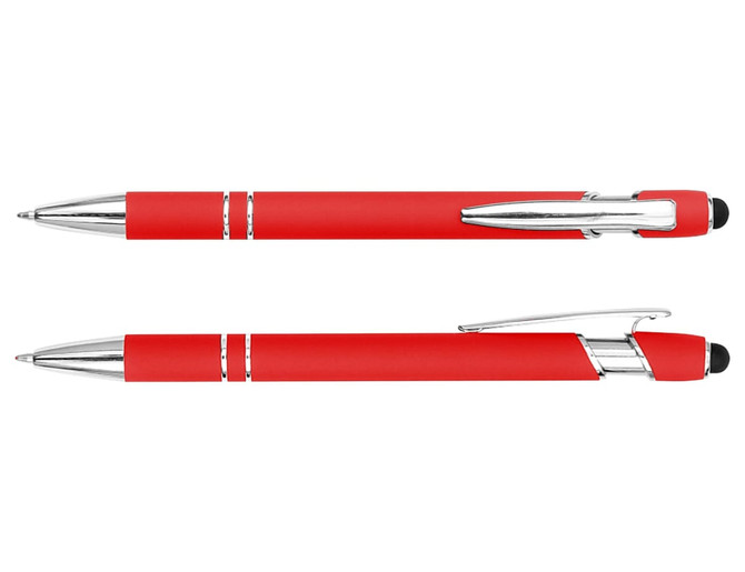A red stylus pen with silver accents, featuring a touch tip for screens and a clip for easy carry.