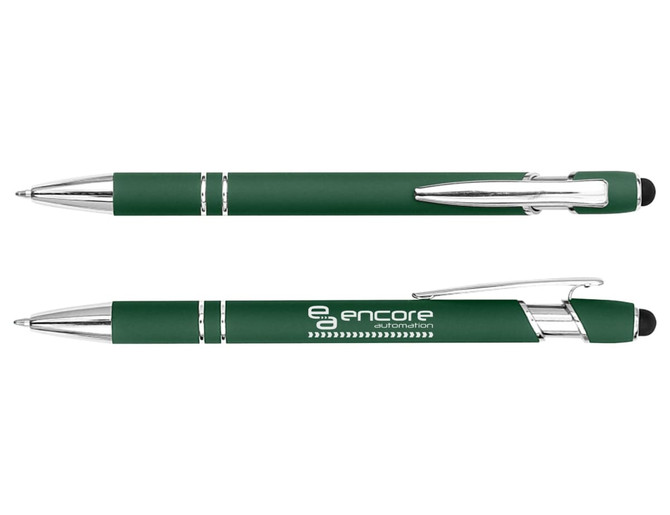 A green Colombo Stylus Pen featuring chrome accents and a soft touch grip, along with branding.