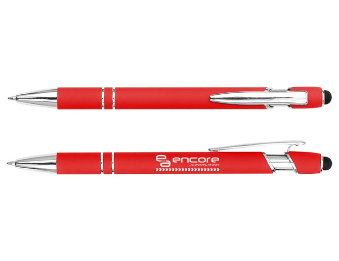 A red stylus pen with silver accents and a branding logo on the barrel.