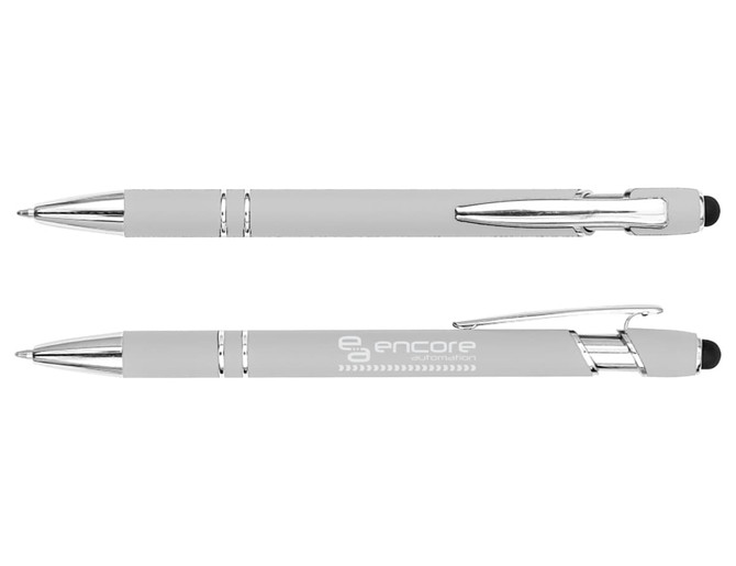 A grey stylus pen with chrome accents and a branding logo. Two styles are displayed, featuring smooth design elements.