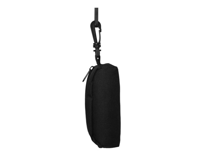 A black zippered pouch with a clip attached, hanging from a hook.