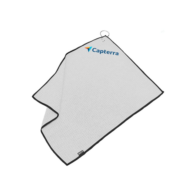 A golf towel in white with a black border and a logo on one side, featuring a hanging loop.