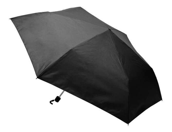 A black pocket umbrella with a compact design and a small adjustable handle. It has a logo on its surface.