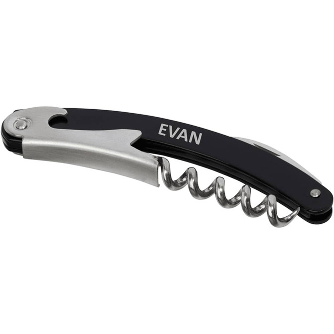 A black and silver waitress knife with a corkscrew and a folding design, featuring a logo.