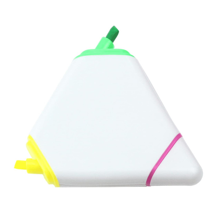 A triangular highlighter with green, yellow, and pink ends, featuring a white body and a logo.
