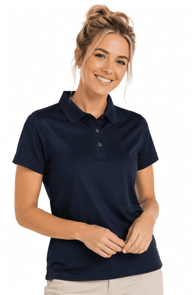 A navy polo shirt for women, featuring a collar and three buttons, with a logo on the chest.