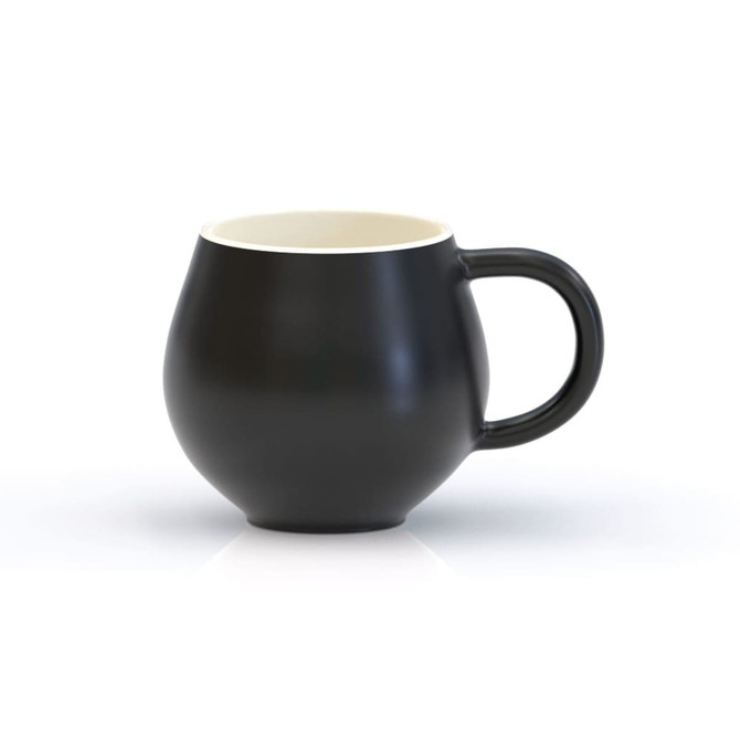 A black mug with a rounded shape and a handle, featuring a contrasting interior colour. It has a logo on the surface.