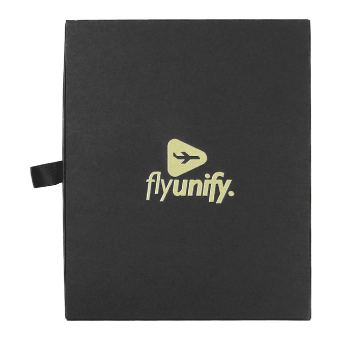 A black travel gift set with a gold logo, featuring a handle for easy carrying.