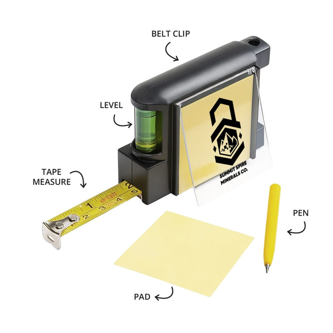 A black contractor tape measure with a yellow measuring tape, level, pen, and notepad. It has a logo on it.